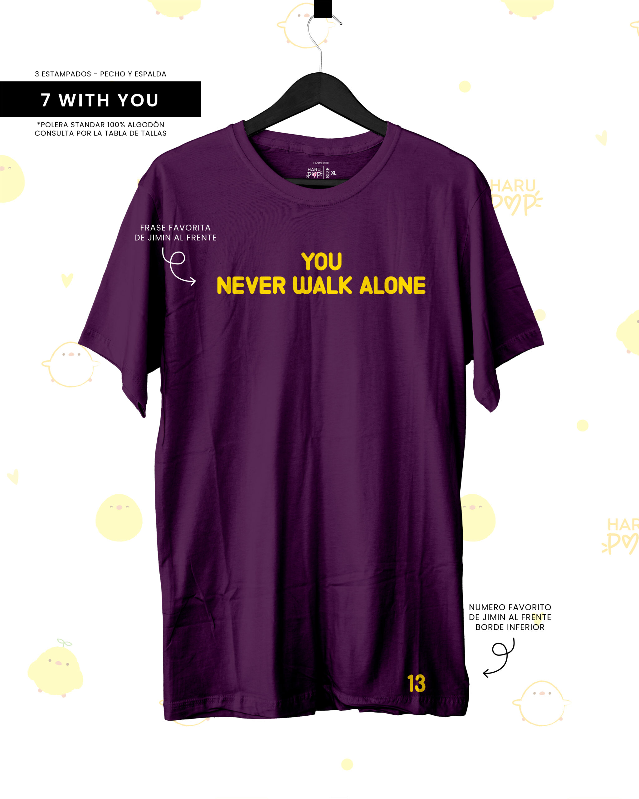 Polera 7 With You Jimin morada – espalda con texto You Never Walk Alone