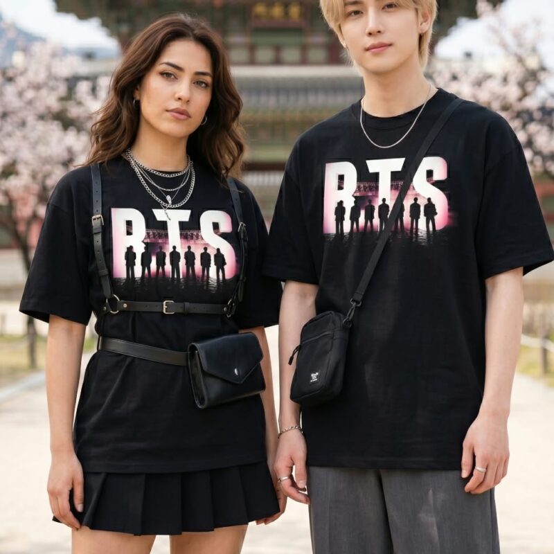 Modelos usando la Polera BTS negra con estampado en el pecho