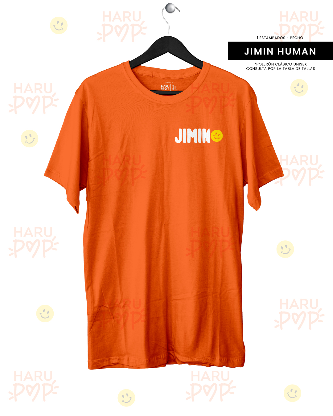 Polera Jimin Human naranja – frente con JIMIN en el pecho
