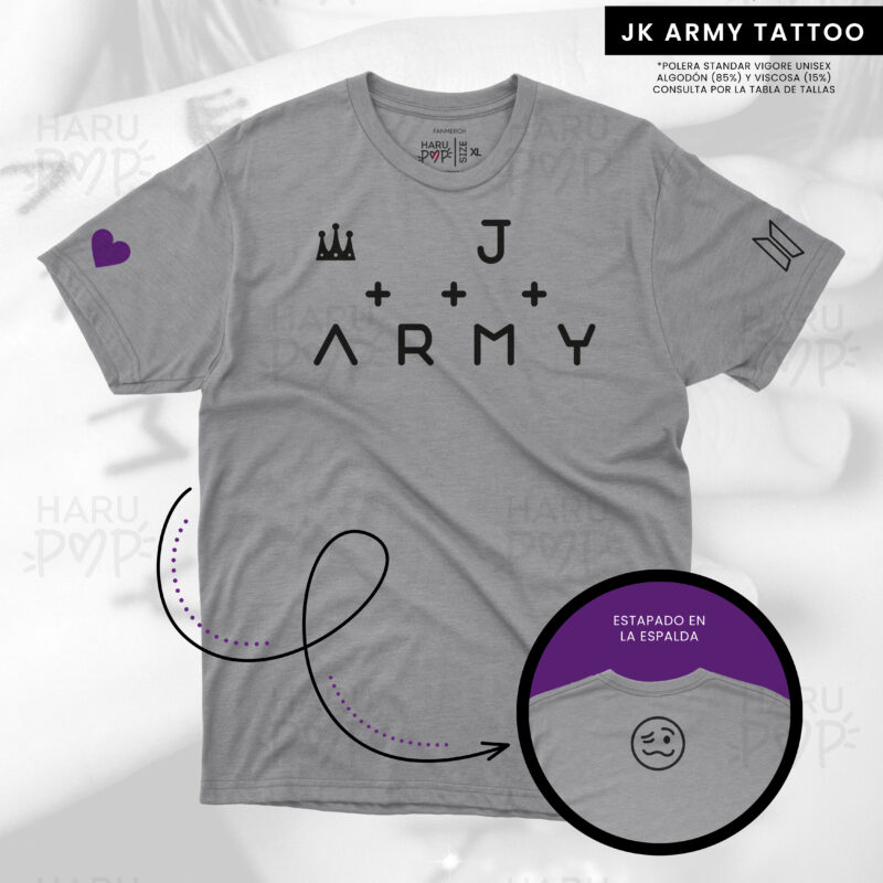 Polera JK Army Tattoo gris con estampados en pecho, espalda y mangas