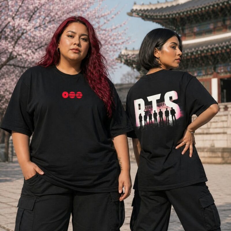 Modelos usando la Polera Duo BTS negra, frente y espalda