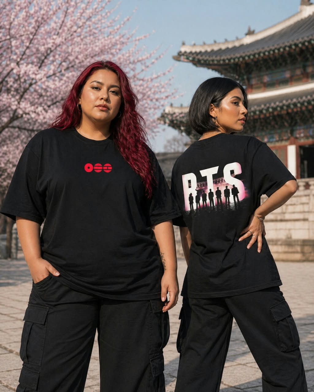 Modelos usando poleras Haru Pop entre cerezos en flor