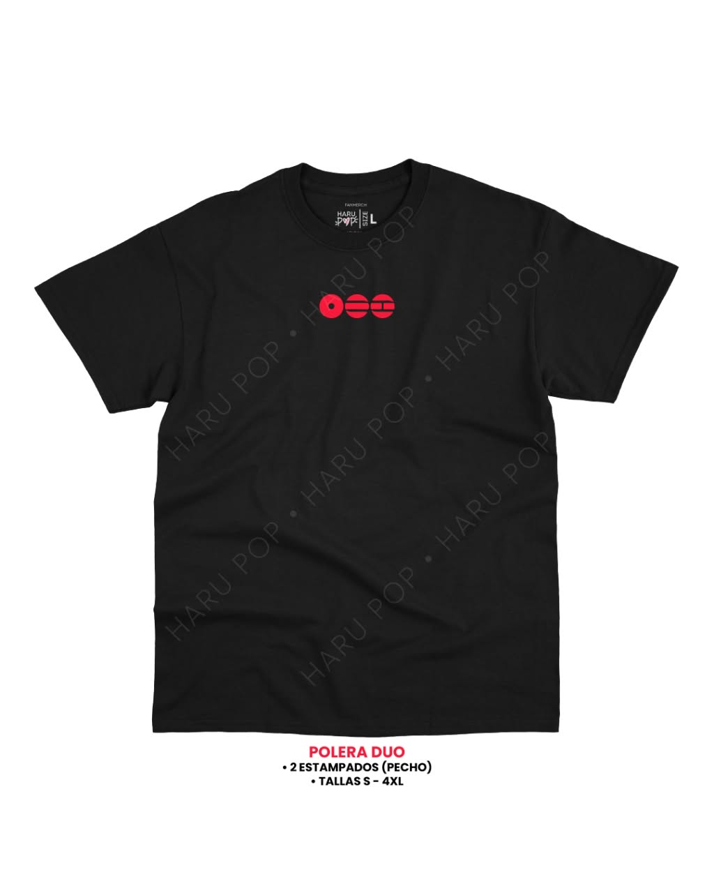 Polera Duo BTS negra – frente con estampado rojo en el pecho