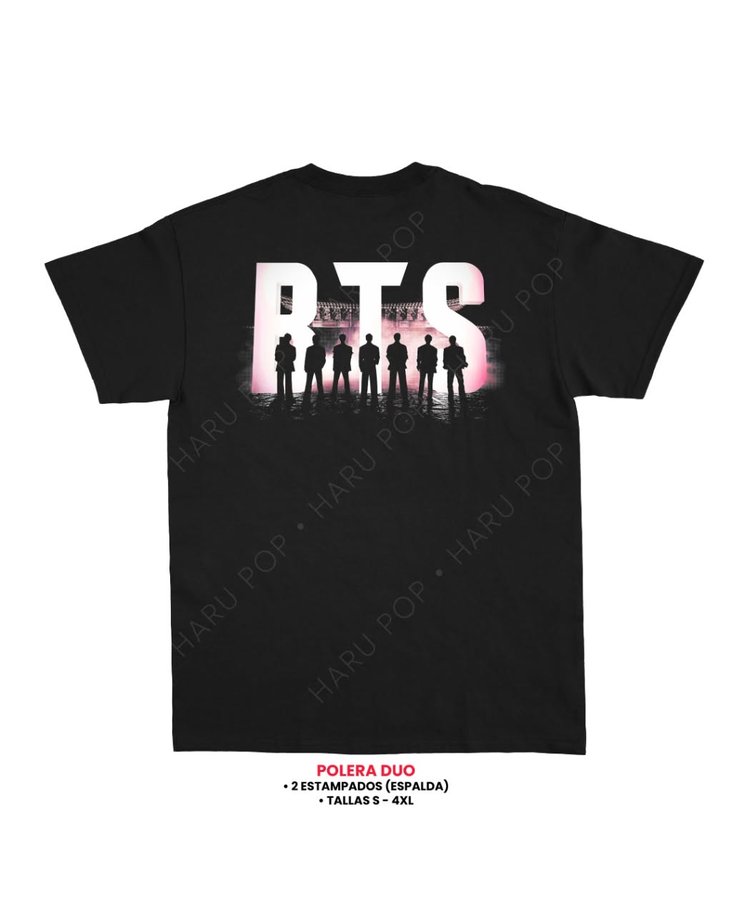 Polera Duo BTS negra – espalda con logo BTS y siluetas