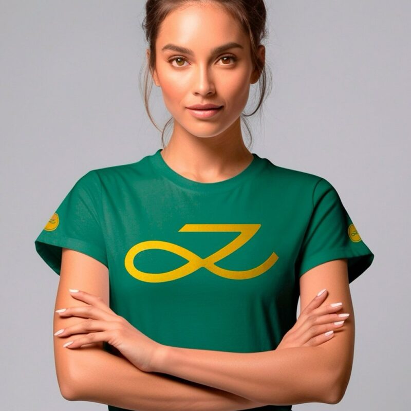 Modelo usando la Polera Golden Jungkook verde con símbolo dorado