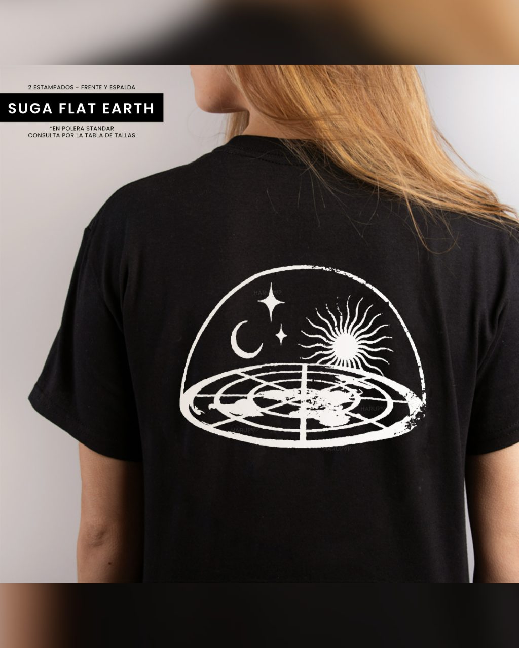 Polera Suga Flat Earth negra – espalda con ilustración de la Tierra plana